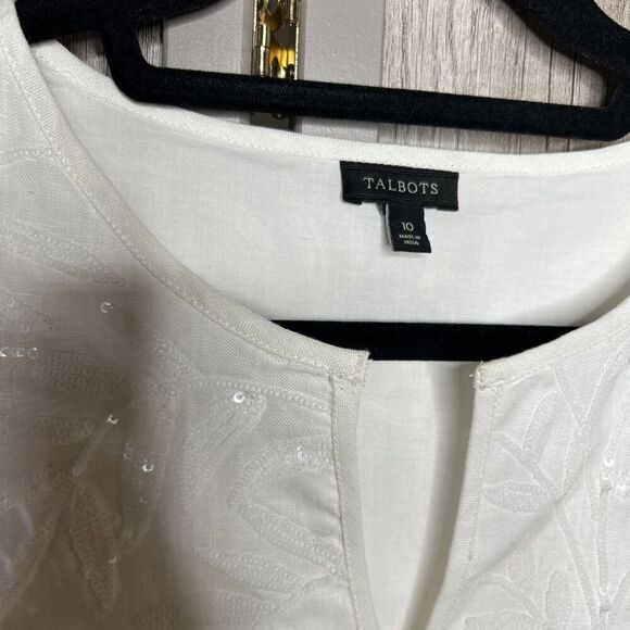 Talbots Sleeveless Top Linen Sequins Tropical Size Zip White Color Sz 10 - Picture 2 of 9